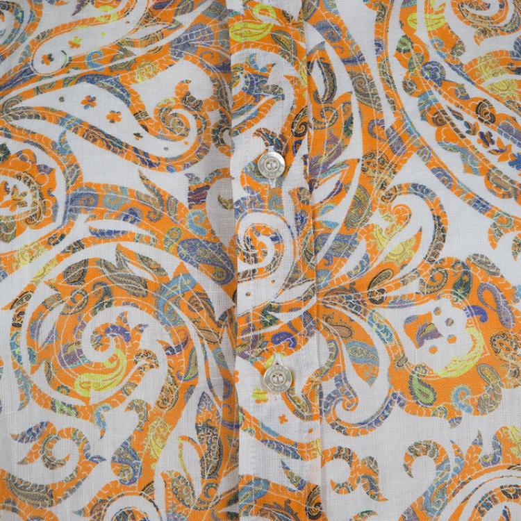 Pre Owned Etro Orange Paisley Printed Linen Long Sleeve Button Front Shirt 2XL