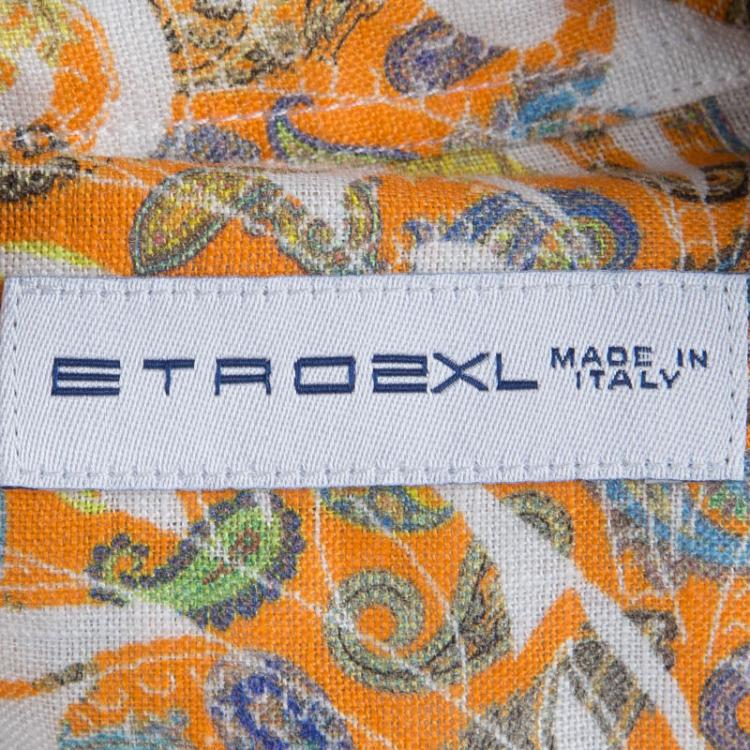 Pre Owned Etro Orange Paisley Printed Linen Long Sleeve Button Front Shirt 2XL