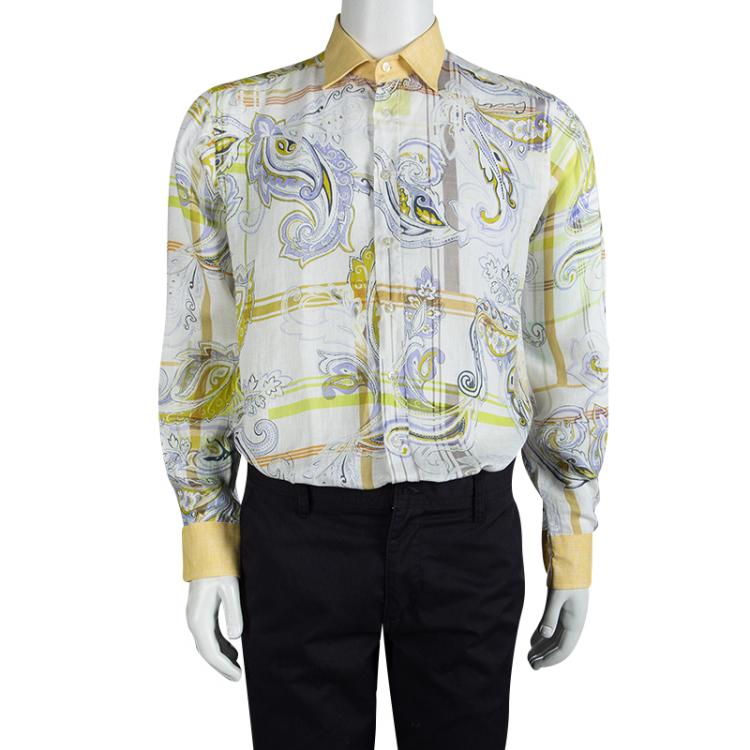 Pre Owned Etro Floral Printed Linen Contrast Collar Button Front Shirt L