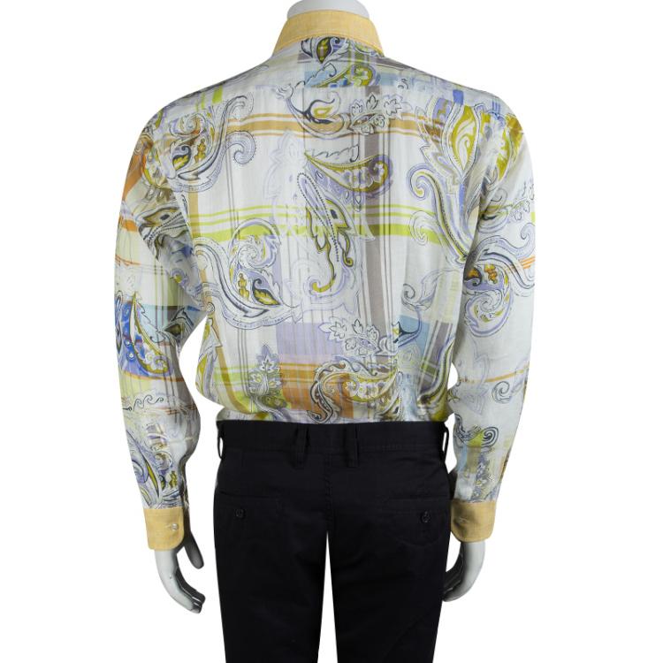 Pre Owned Etro Floral Printed Linen Contrast Collar Button Front Shirt L