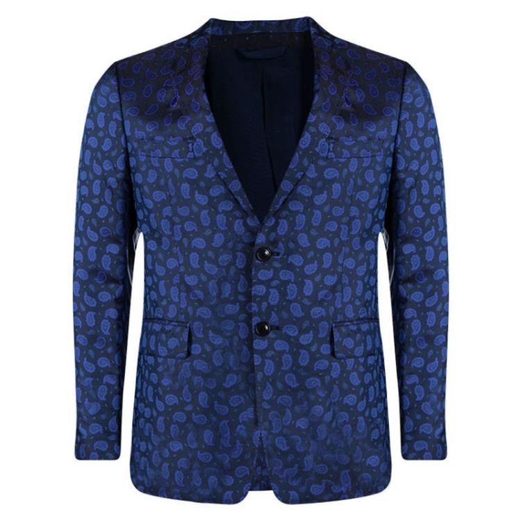 Pre Owned Etro Blue Paisley Motif Jacquard Silk Blazer M