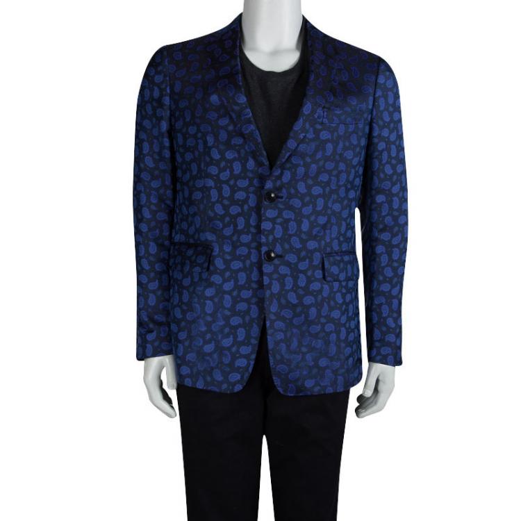 Pre Owned Etro Blue Paisley Motif Jacquard Silk Blazer M