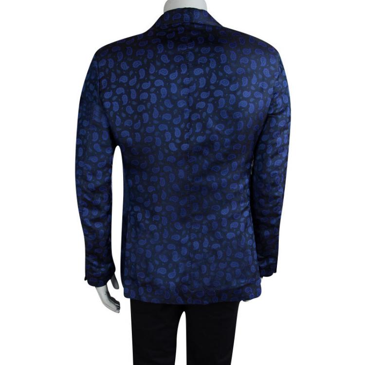 Pre Owned Etro Blue Paisley Motif Jacquard Silk Blazer M