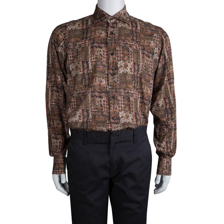Pre Owned Etro Brown Printed Long Sleeve Button Front Shirt L