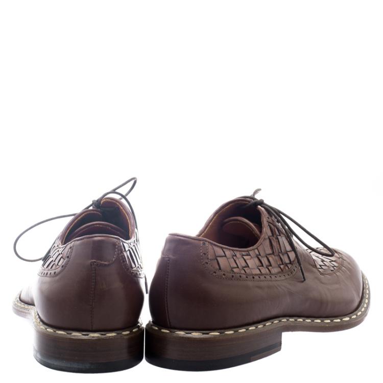 Pre Owned Etro Brown Leather Woven Detail Oxfords Size 41