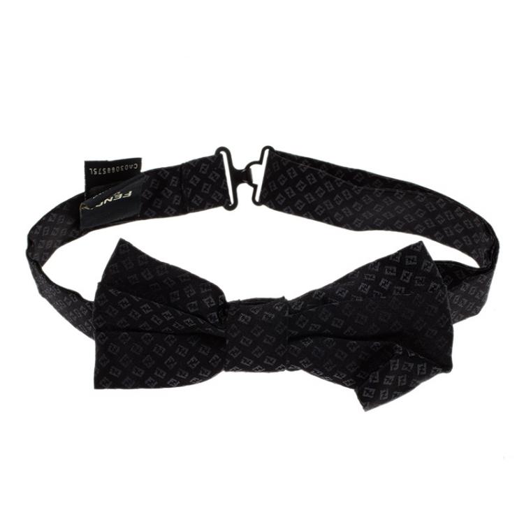 Pre Owned Fendi FF Black Textured Silk Thin Bow Tie One Size