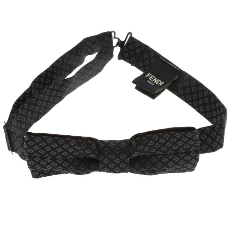 Pre Owned Fendi Black Zucca Print Silk Pleated Narrow Bow Tie