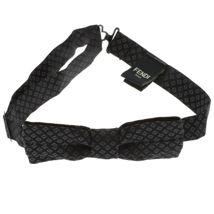 Pre Owned Fendi Black Zucca Print Silk Pleated Narrow Bow Tie