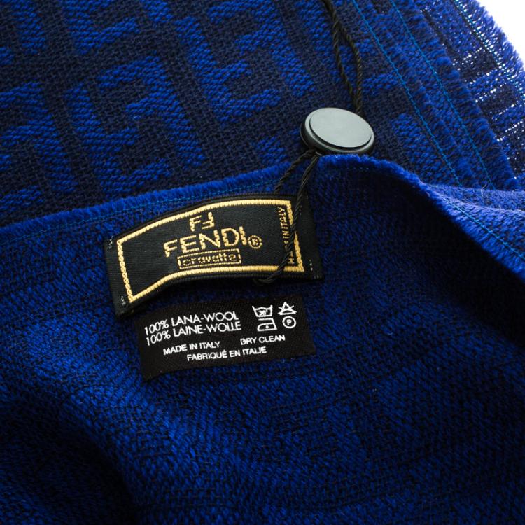 Pre Owned Fendi Cravatte Navy Blue Wool Zucca Pattern Detail Muffler 