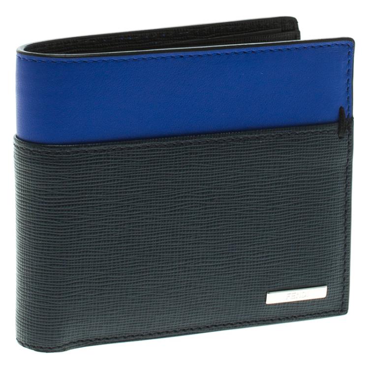 Pre Owned Fendi Black/Blue Leather Bi Fold Wallet