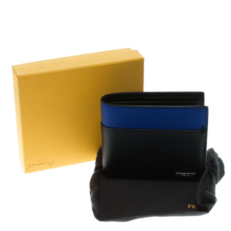 Pre Owned Fendi Black/Blue Leather Bi Fold Wallet
