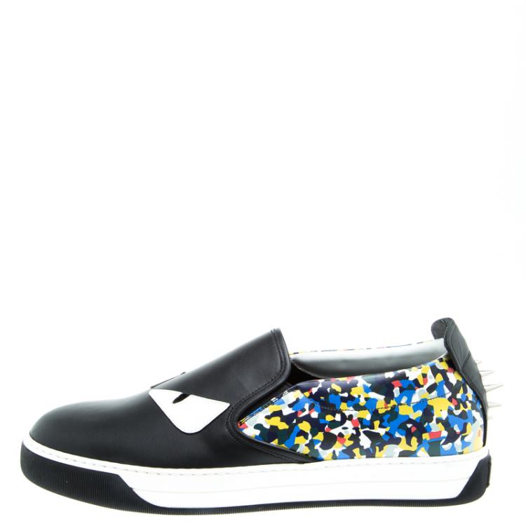 Pre Owned Fendi Black Studded Printed Leather Monster Slip On Sneakers Size 42