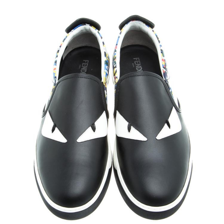 Pre Owned Fendi Black Studded Printed Leather Monster Slip On Sneakers Size 42