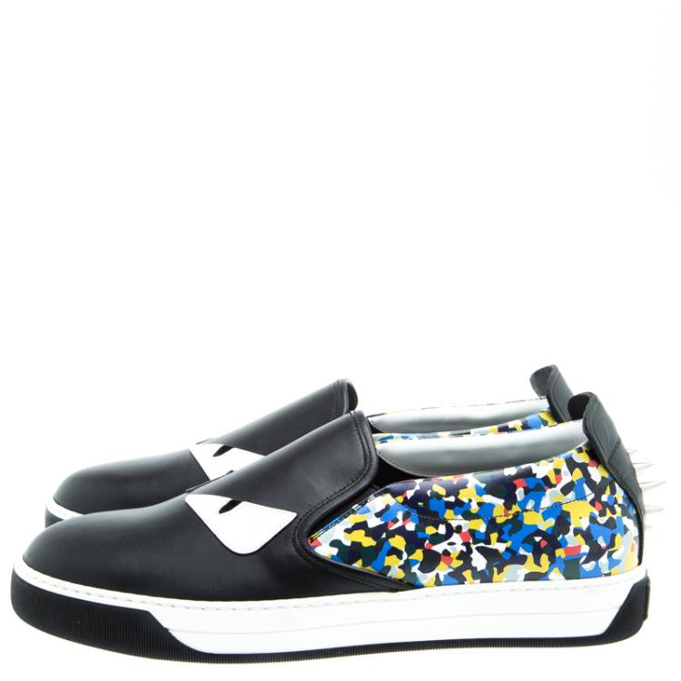 Pre Owned Fendi Black Studded Printed Leather Monster Slip On Sneakers Size 42