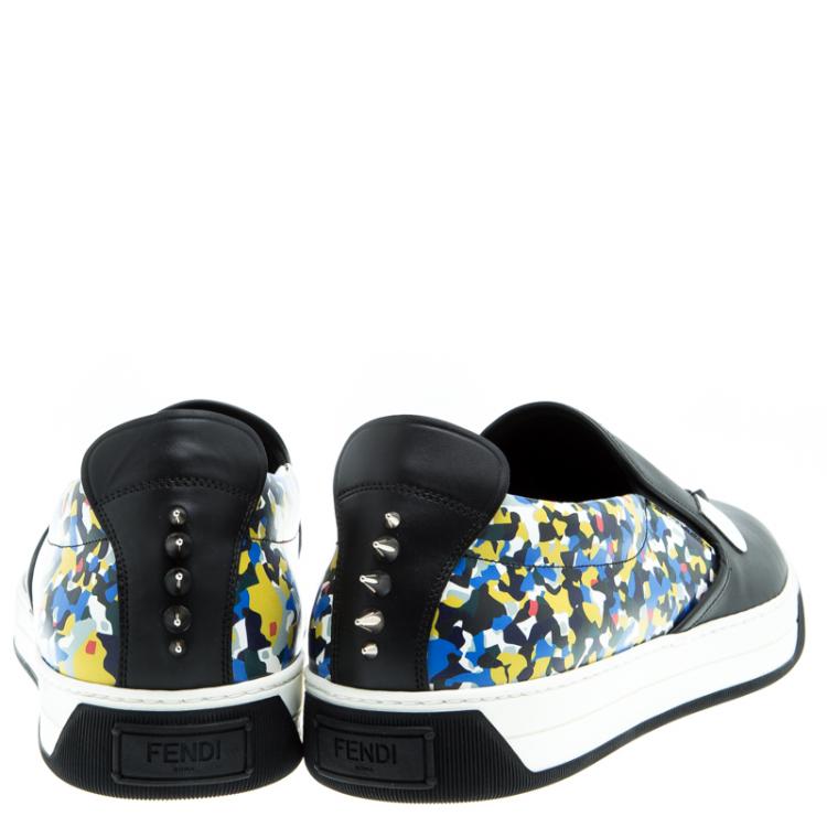 Pre Owned Fendi Black Studded Printed Leather Monster Slip On Sneakers Size 42