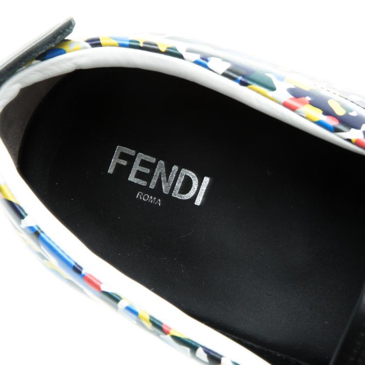 Pre Owned Fendi Black Studded Printed Leather Monster Slip On Sneakers Size 42