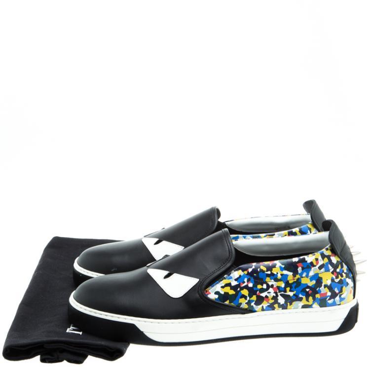 Pre Owned Fendi Black Studded Printed Leather Monster Slip On Sneakers Size 42