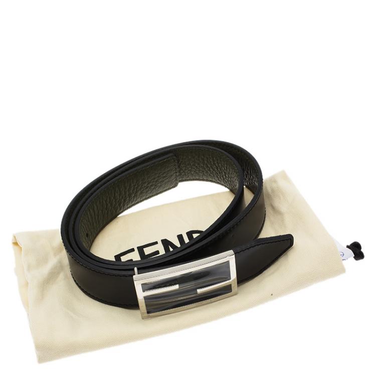 Pre Owned Fendi Green and Black Leather Logo Buckle Reversible Belt 90CM