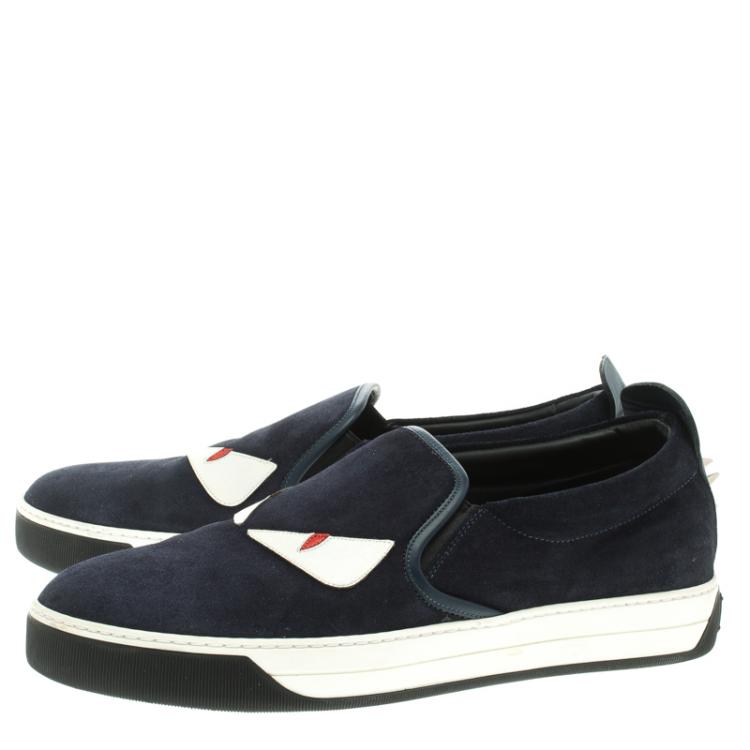 Pre Owned Fendi Navy Blue Suede Monster Slip On Sneakers Size 42