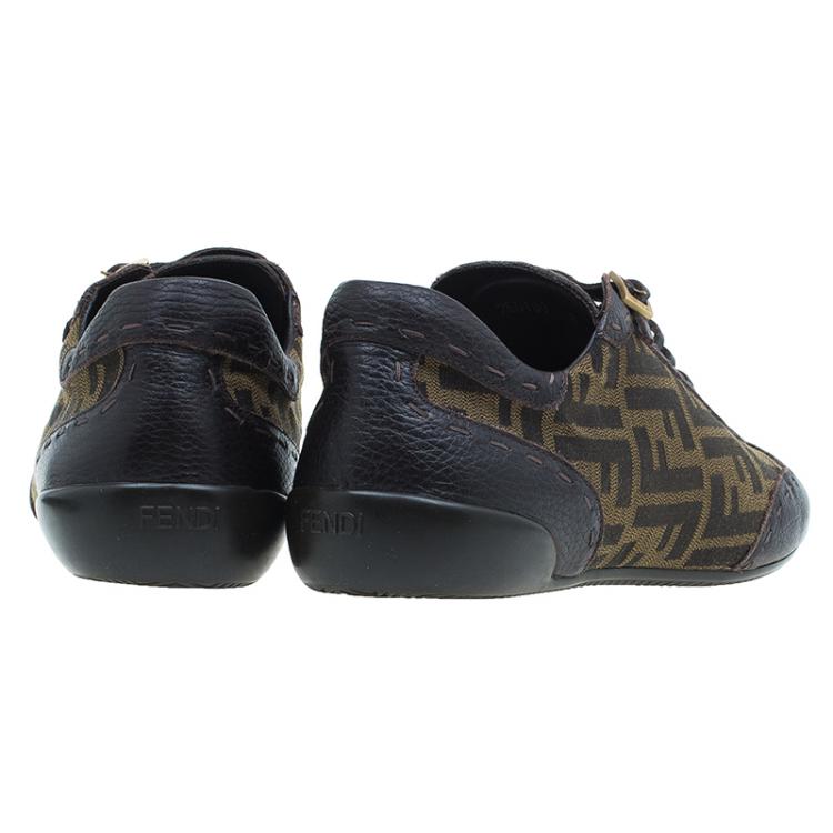 Pre Owned Fendi Tobacco Zucca Canvas and Leather Trim Lace Up Sneakers Size 42