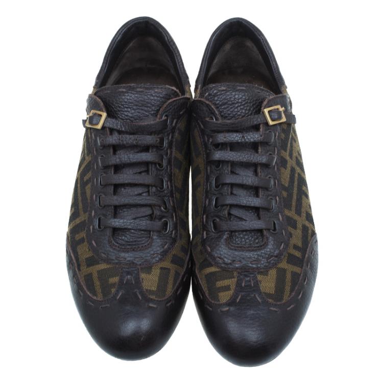 Pre Owned Fendi Tobacco Zucca Canvas and Leather Trim Lace Up Sneakers Size 42