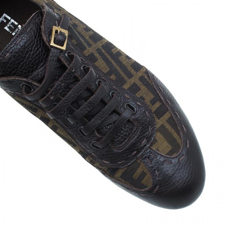 Pre Owned Fendi Tobacco Zucca Canvas and Leather Trim Lace Up Sneakers Size 42