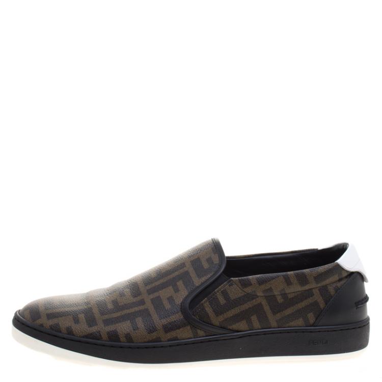 Pre Owned Fendi Brown Zucca Coated Canvas Slip On Sneakers Size 45