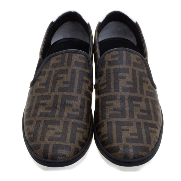 Pre Owned Fendi Brown Zucca Coated Canvas Slip On Sneakers Size 45