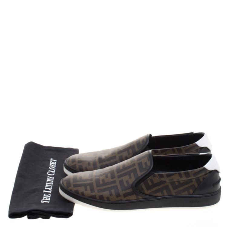 Pre Owned Fendi Brown Zucca Coated Canvas Slip On Sneakers Size 45
