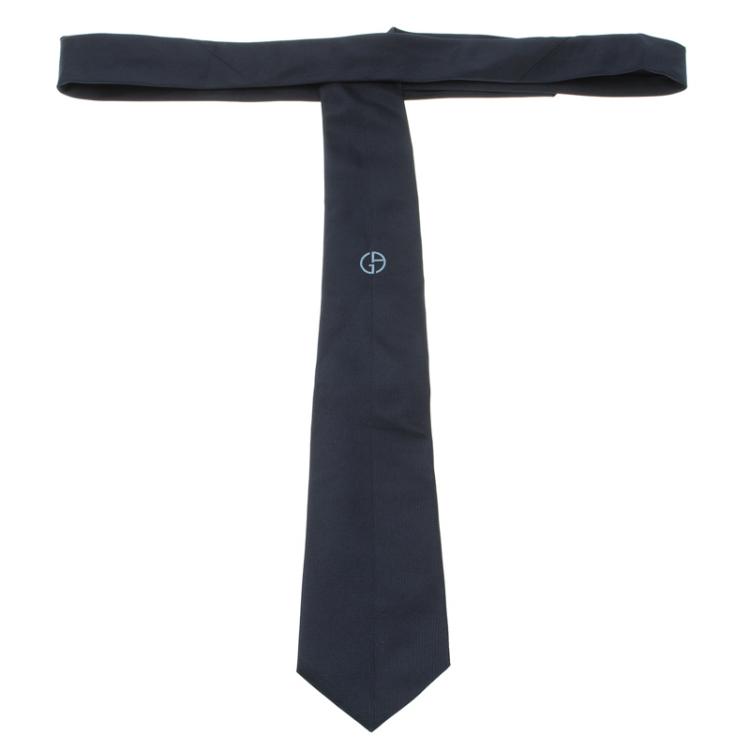 Pre Owned Giorgio Armani Navy Blue Logo Detail Silk Tie