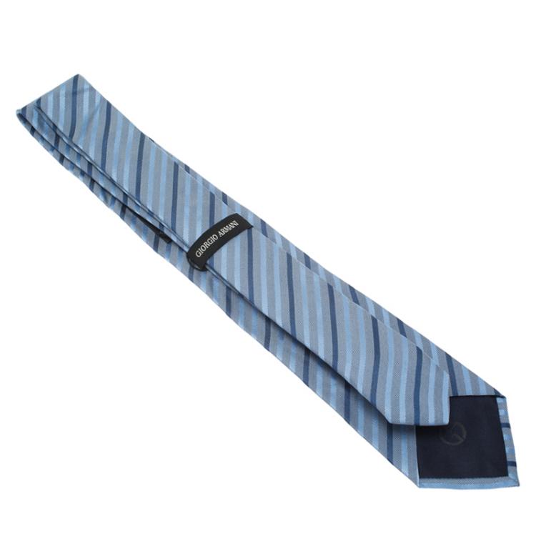 Pre Owned Giorgio Armani Grey and Blue Striped Silk Tie 