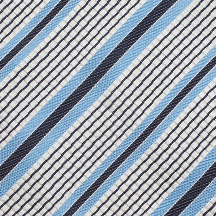 Pre Owned Giorgio Armani Grey and Blue Striped Silk Tie