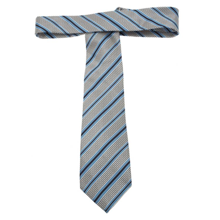 Pre Owned Giorgio Armani Grey and Blue Striped Silk Tie