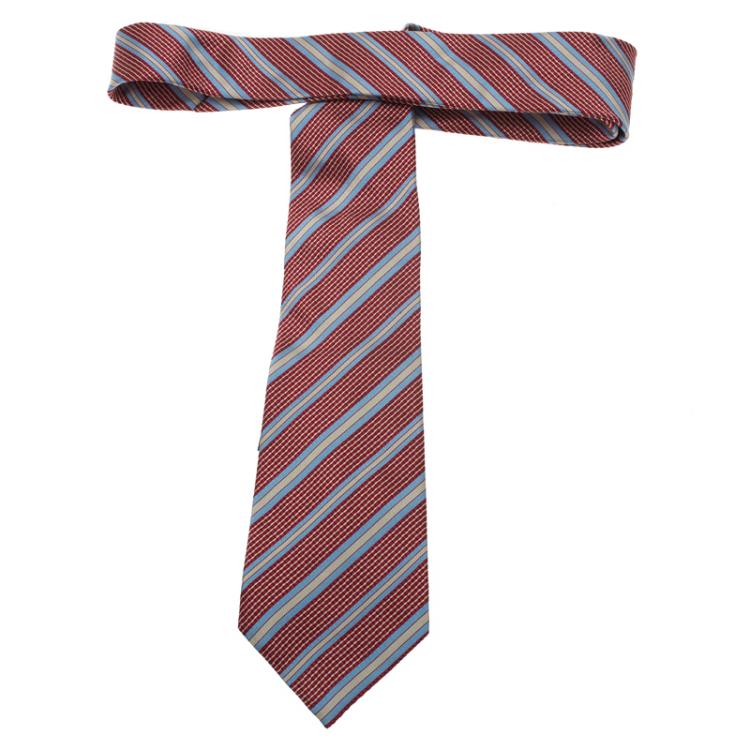 Pre Owned Giorgio Armani Red and Blue Striped Silk Tie