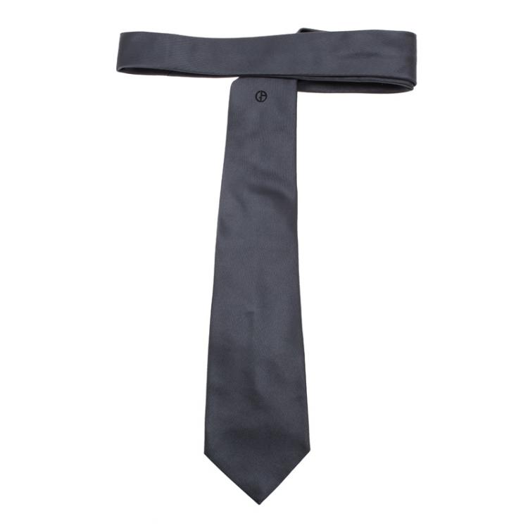 Pre Owned Giorgio Armani Grey Logo Silk Tie