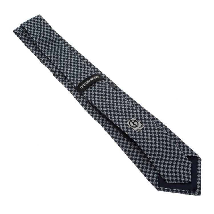 Pre Owned Giorgio Armani Grey and Blue Check Print Silk Tie