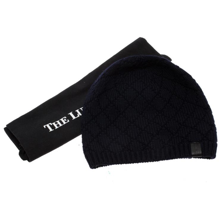 Pre Owned Giorgio Armani Navy Blue Diamond Knit Wool Beanie Size L