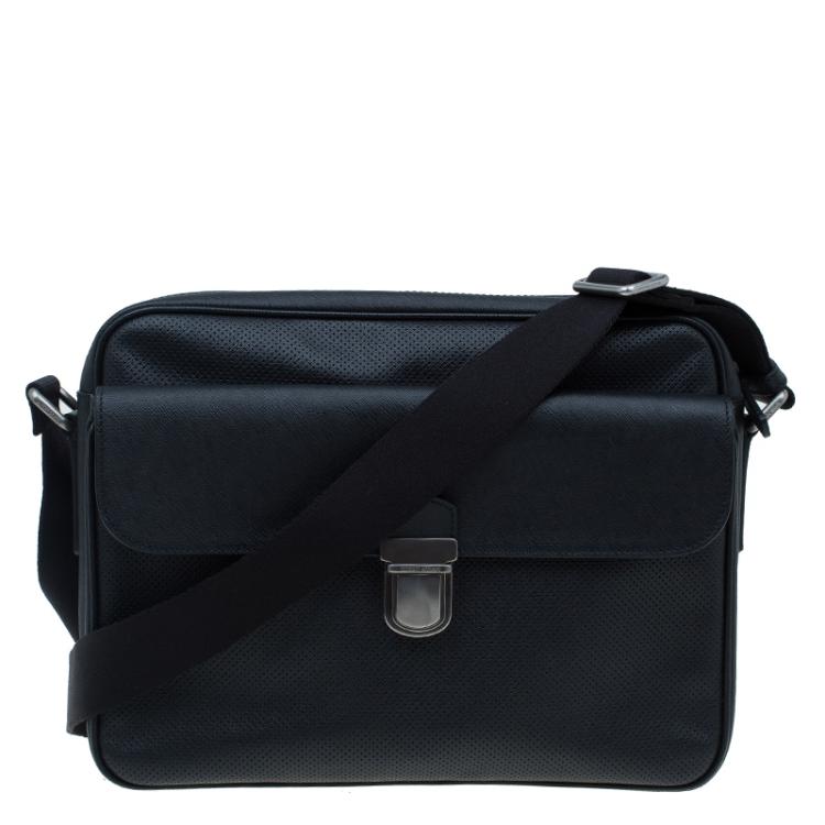 Giorgio Armani Black Saffiano and Perforated Leather Messenger Bag ...
