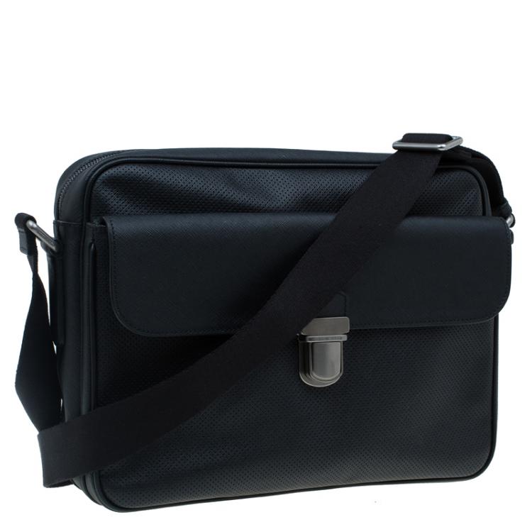 Pre Owned Giorgio Armani Black Saffiano and Perforated Leather Messenger Bag