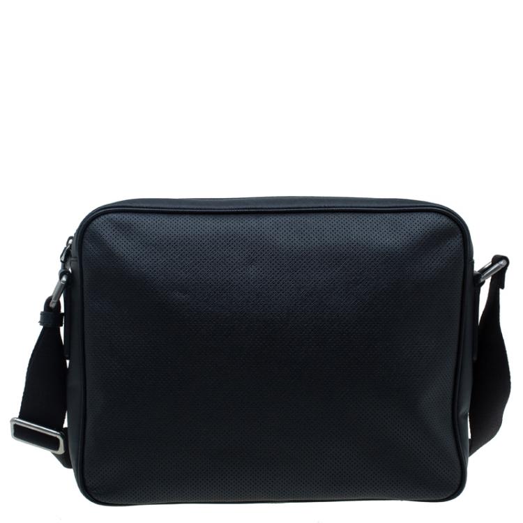 Pre Owned Giorgio Armani Black Saffiano and Perforated Leather Messenger Bag