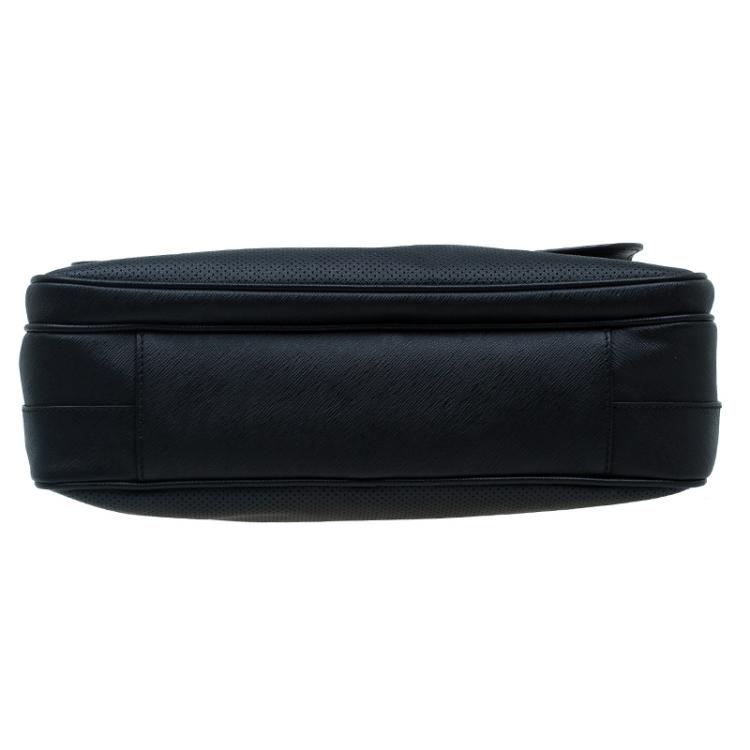 Pre Owned Giorgio Armani Black Saffiano and Perforated Leather Messenger Bag
