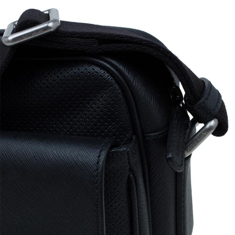 Pre Owned Giorgio Armani Black Saffiano and Perforated Leather Messenger Bag