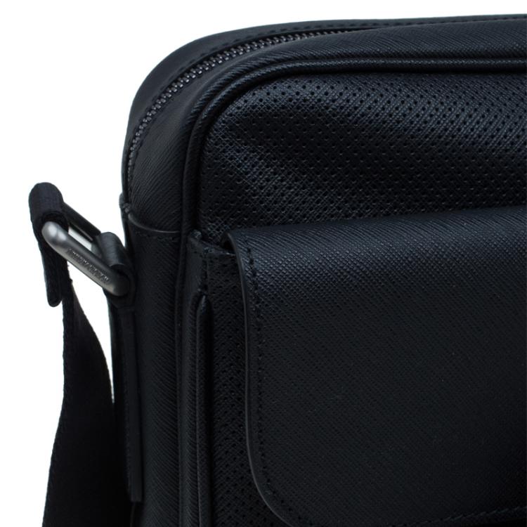Pre Owned Giorgio Armani Black Saffiano and Perforated Leather Messenger Bag