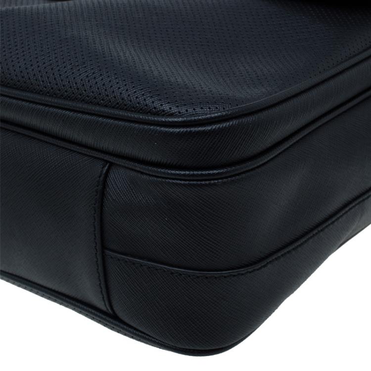 Pre Owned Giorgio Armani Black Saffiano and Perforated Leather Messenger Bag