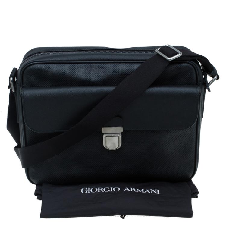 Pre Owned Giorgio Armani Black Saffiano and Perforated Leather Messenger Bag