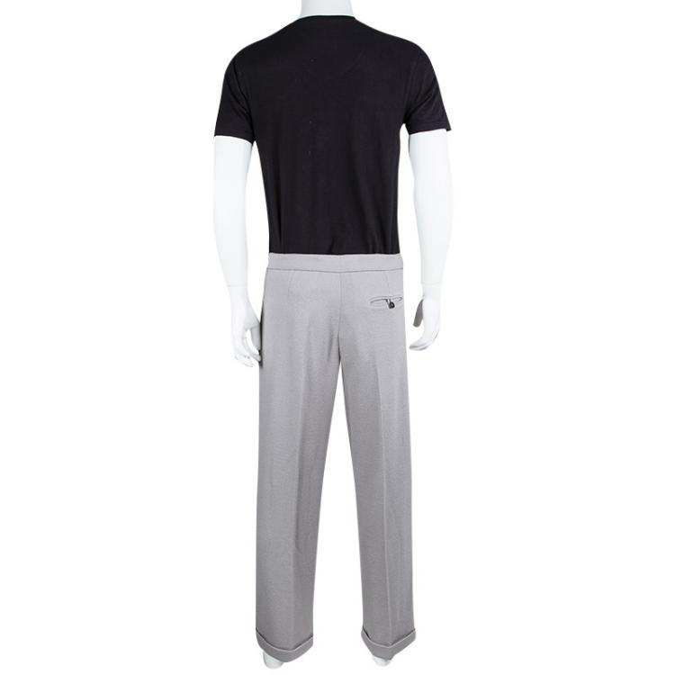 Pre Owned Giorgio Armani Grey Textured Wool Loose Fit Trousers XL