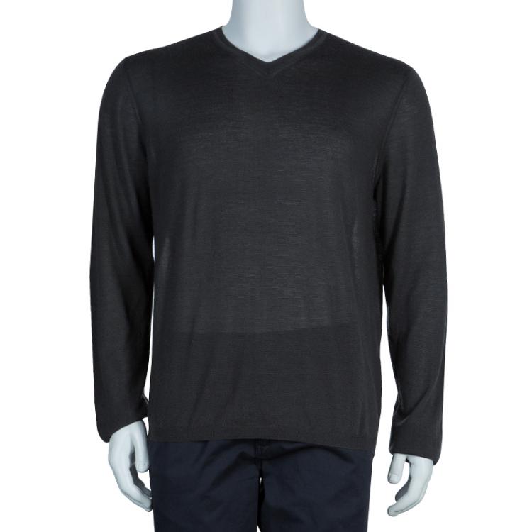 مملوكة مسبقًا Giorgio Armani Grey Cashmere V Neck Sweater XL