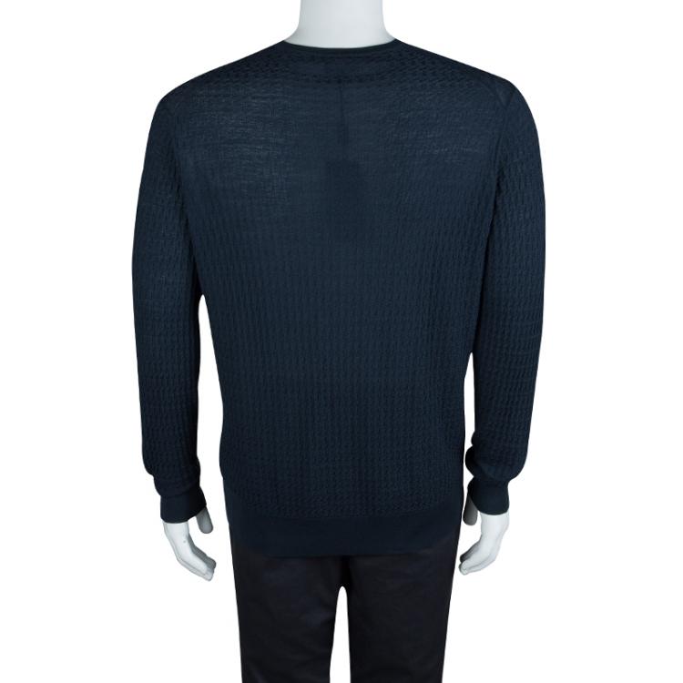 Pre Owned Giorgio Armani Navy Blue Jaquard Knit V-Neck Sweater XL