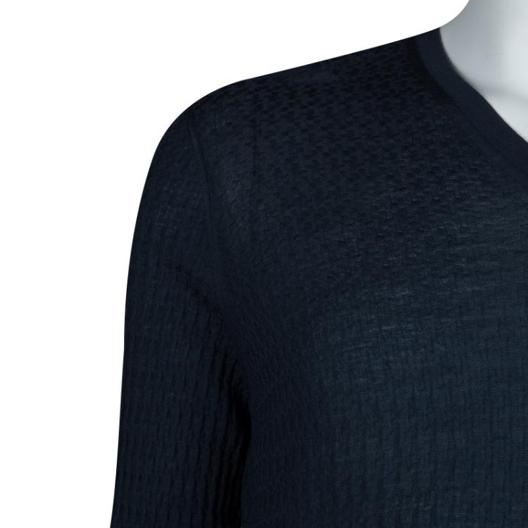 Pre Owned Giorgio Armani Navy Blue Jaquard Knit V-Neck Sweater XL