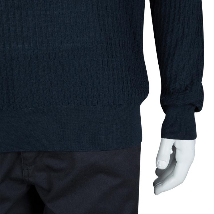 Pre Owned Giorgio Armani Navy Blue Jaquard Knit V-Neck Sweater XL